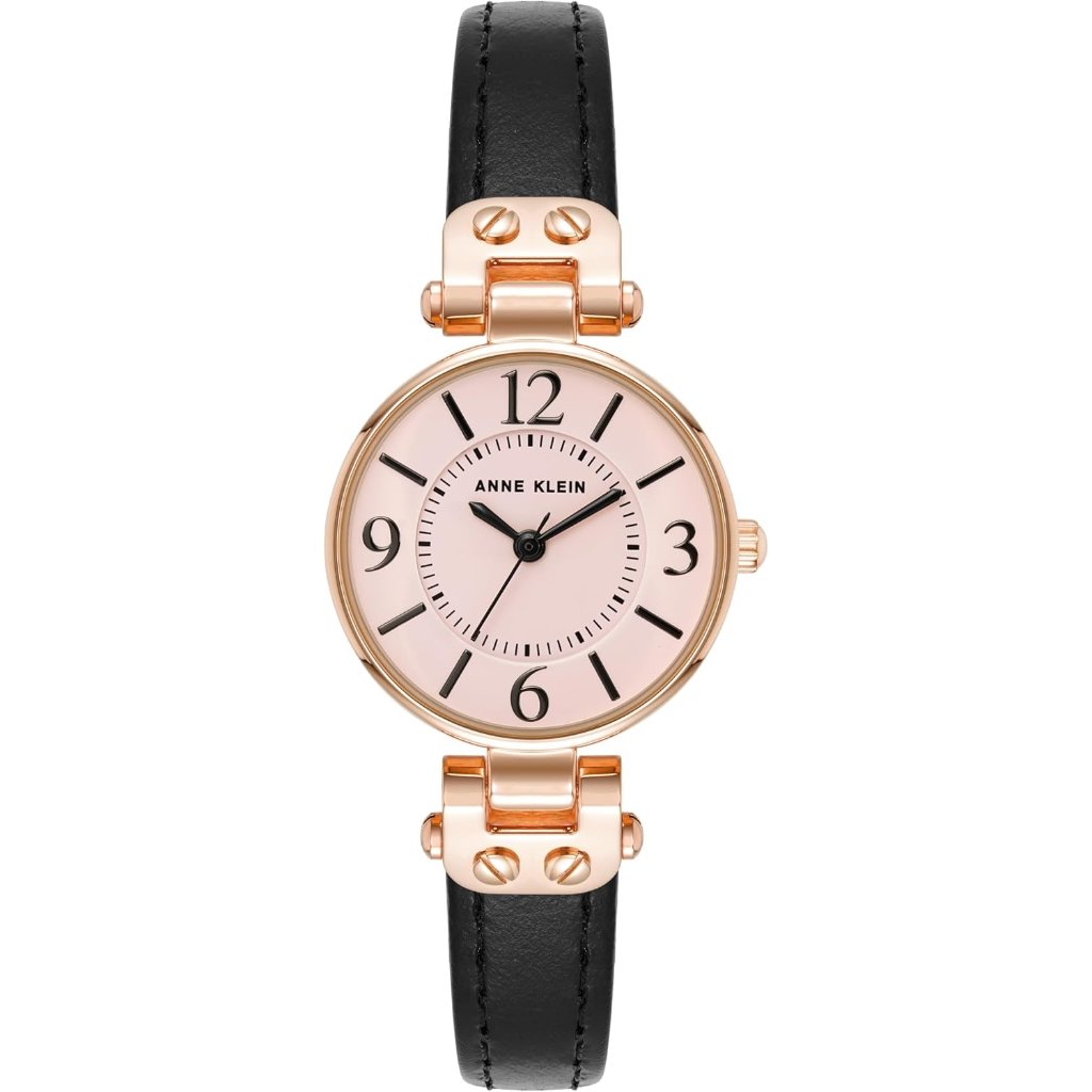 Women's Black/Rose Gold Domed Mineral Crystal Lens Leather Strap Closure Watch